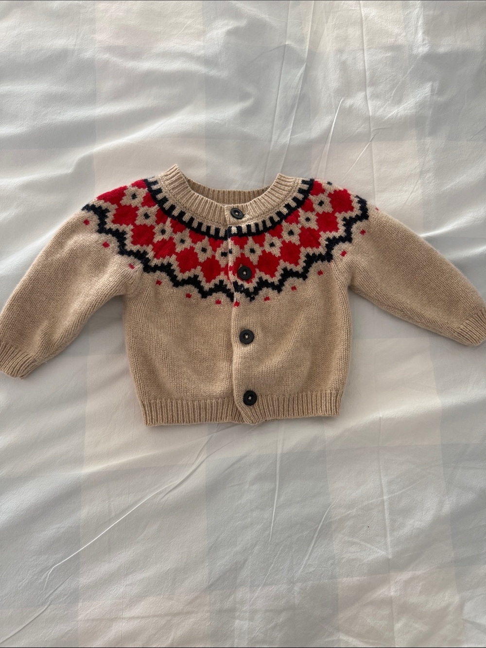 Petit Bateau Beige Knit Cardigan with Red & Black Fair Isle Yoke